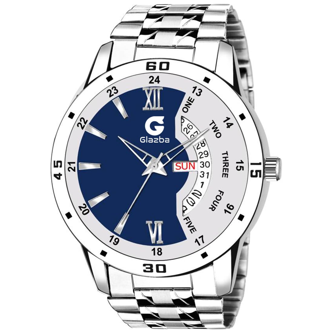 Glazba Mens Stainless Steel Chain Strap Analog Wrist Watch for Boys with Blue and White Dial and Day Date Aperture Functioning (Silver) (B0CVDSGFNN) Amazon Price History, Amazon Price Tracker