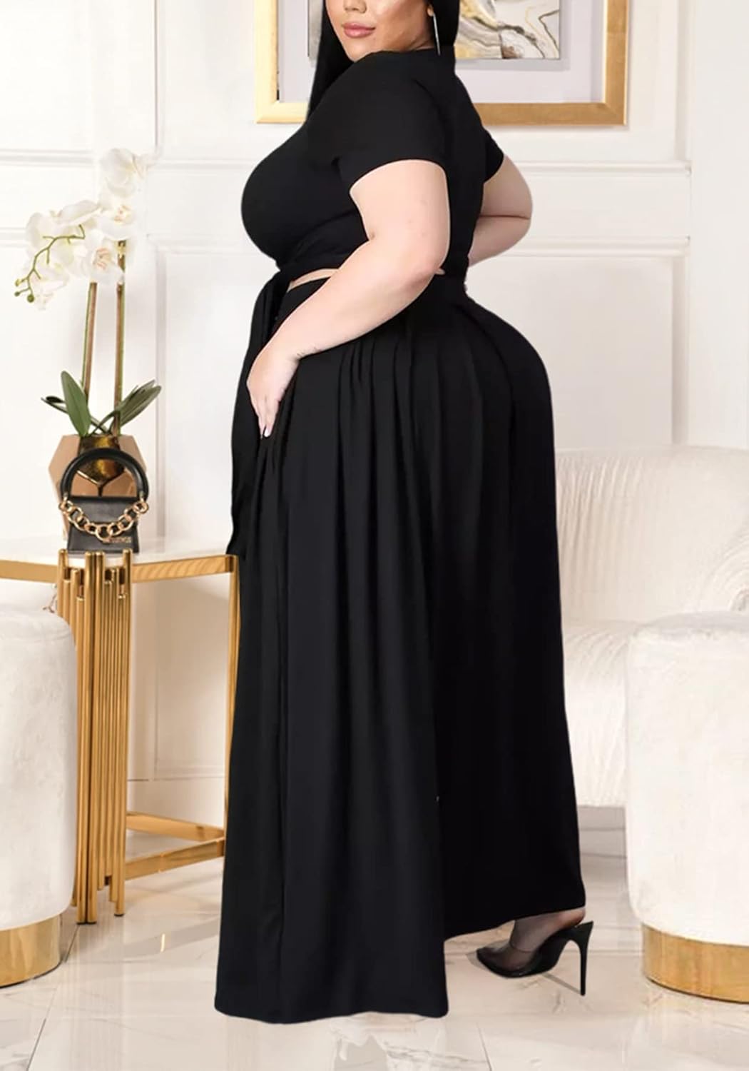 Womens Sexy Plus Size 2 Piece Dress Outfits Short Sleeve Bandage Wrap Empire Crop Tops and Skirt Sets - Image 2