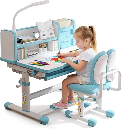 Juego de mesa y silla de estudio para niños, color azul, altura ajustable, mesa de escritura para niños, escritorio y silla, juego de escritorio y