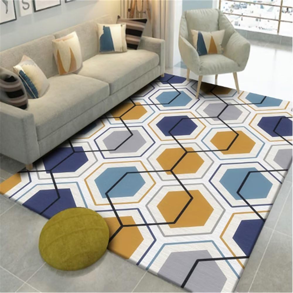 Tapis jaune motif géométrique pour réveiller la décoration de votre salle à manger
