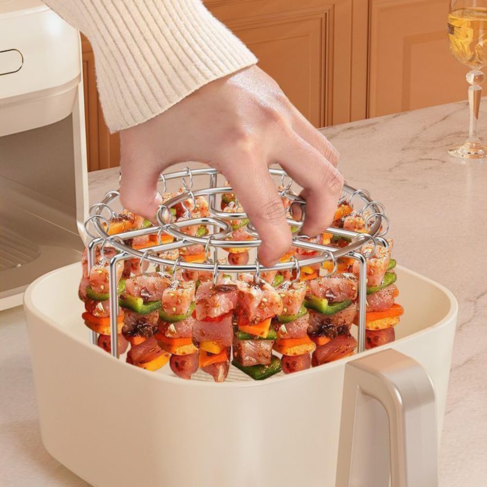 Air Fryer Skewer Stand Thicken 304 Stainless Steel Vertical Barbecue Rack with 26 Skewers Air Fryer Accessories for Kitchens Cooking BBQ Kabobs (2)