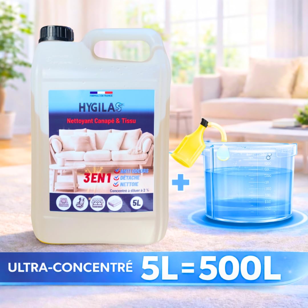 HYGILAS Nettoyant Canapé & Tissu, Professionnel 5L - Concentré à Diluer - Compatible Injection/Extraction & Shampouineuse - Matelas, Tapis, Moquette