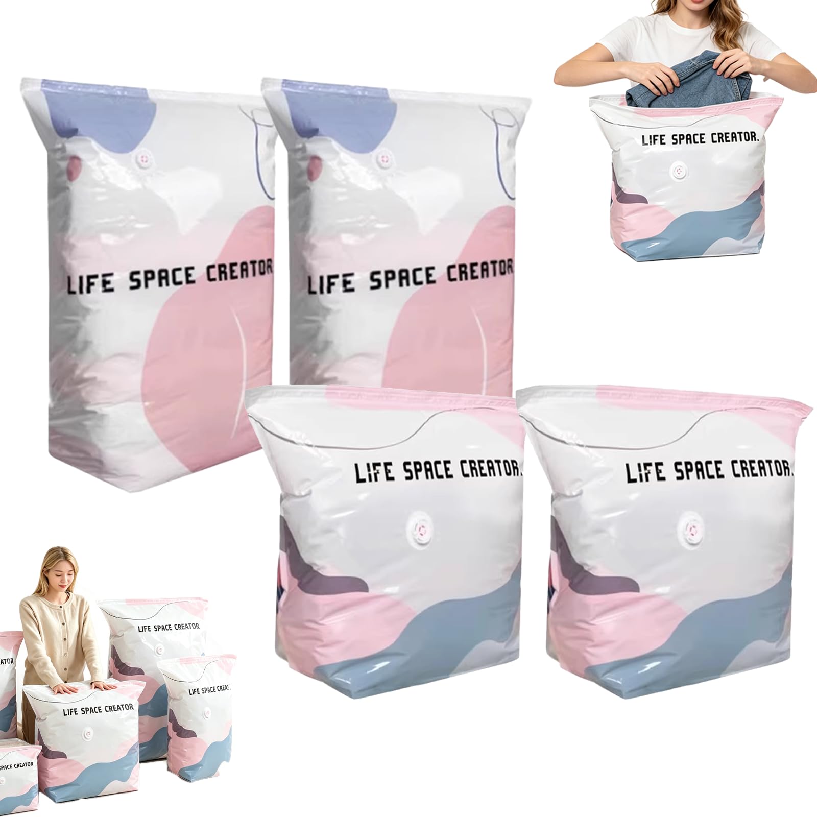 No‑Pump Vacuum Storage Bags – Press & Seal, Extra Large Vacuum Storage Bags, Roll-Up Compression, Space Saver Dust-Proof Vacuum Seal Bag, Reusable Vacuum Pack Bags For Clothes Duvet Travel (M+L-4pcs)