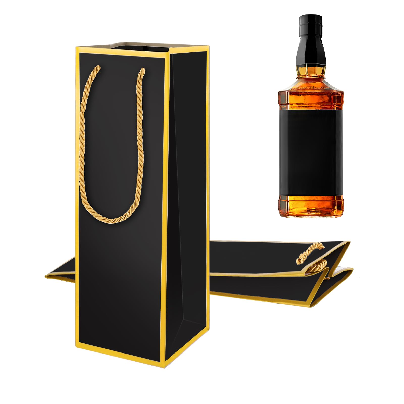 4"X4"X11" Wine Gift Bags 2 PCS Luxury Wine Bottle Gift Bags, Reusable Liquor Bag with Gold Foil Print, Gold Foil Black Wines Bag for Party Wedding Party Whiskey Spirits Bagwith Handle, Small Bottle