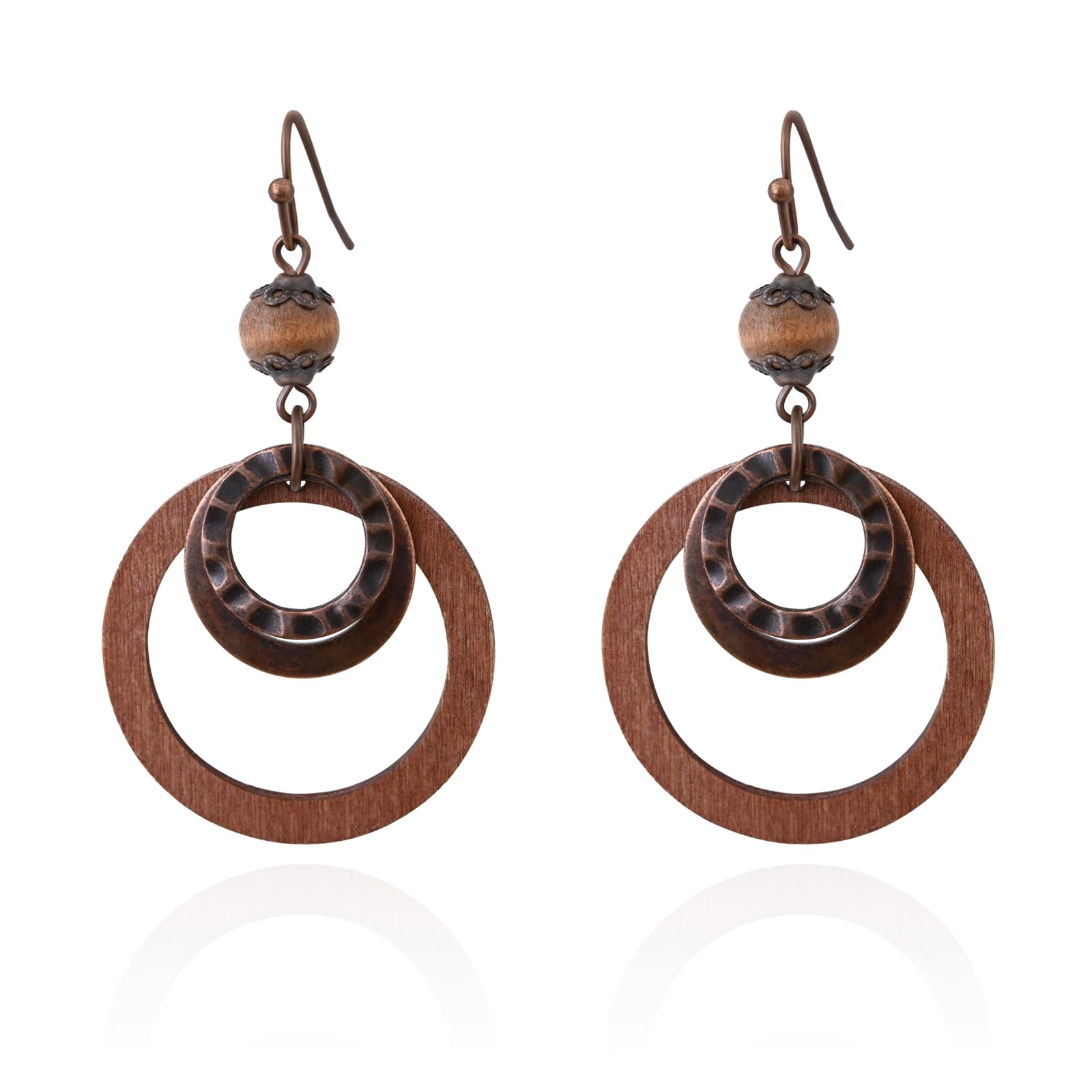 Wooden Earrings for women with Copper and Wood Circle dangle Lightweight Geometric Brown Earrings for Western Bohemian ethnic style