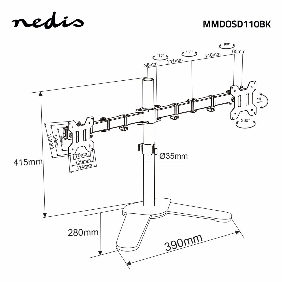 Nedis MMDOSD110BK Support d'écran Plat pour Bureau 81,3 cm (32") Noir
