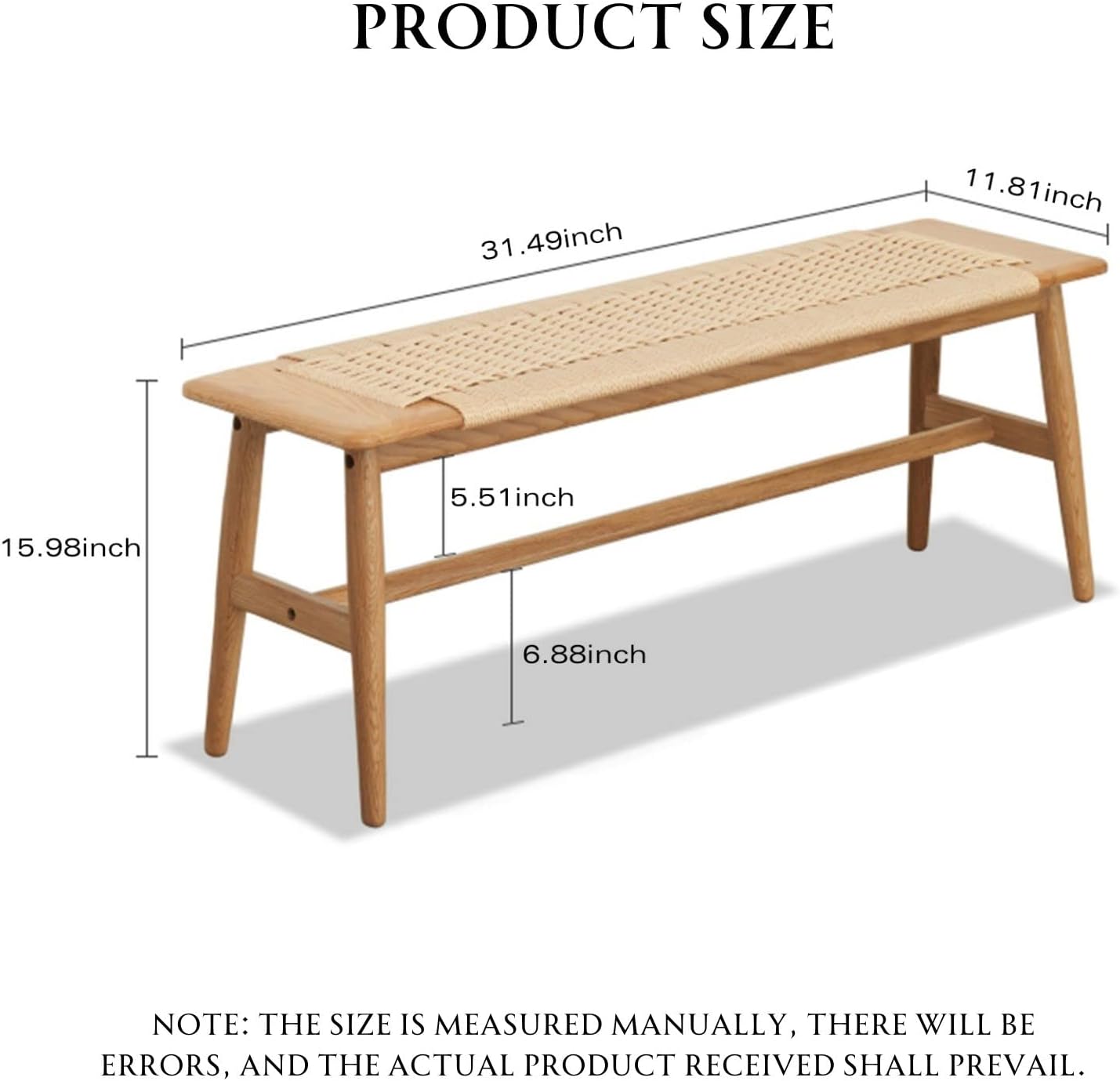 31.5'' Woven Dining Beach with 100% Solid Oak Wood Bench Frame, Hand Knitted Rope Designed Bed End Shoe Bench for Kitchen Bedroom Entryway, Beige