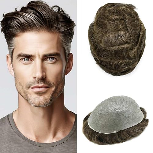 Miniatura 260 de Toupee For Men Ultra Thin Skin Human Hair Piece For Men Toupee V-loop Natural Looking Hair Replacement System Hairpiece 8x10#210#2 DARKEST BROWN+10%