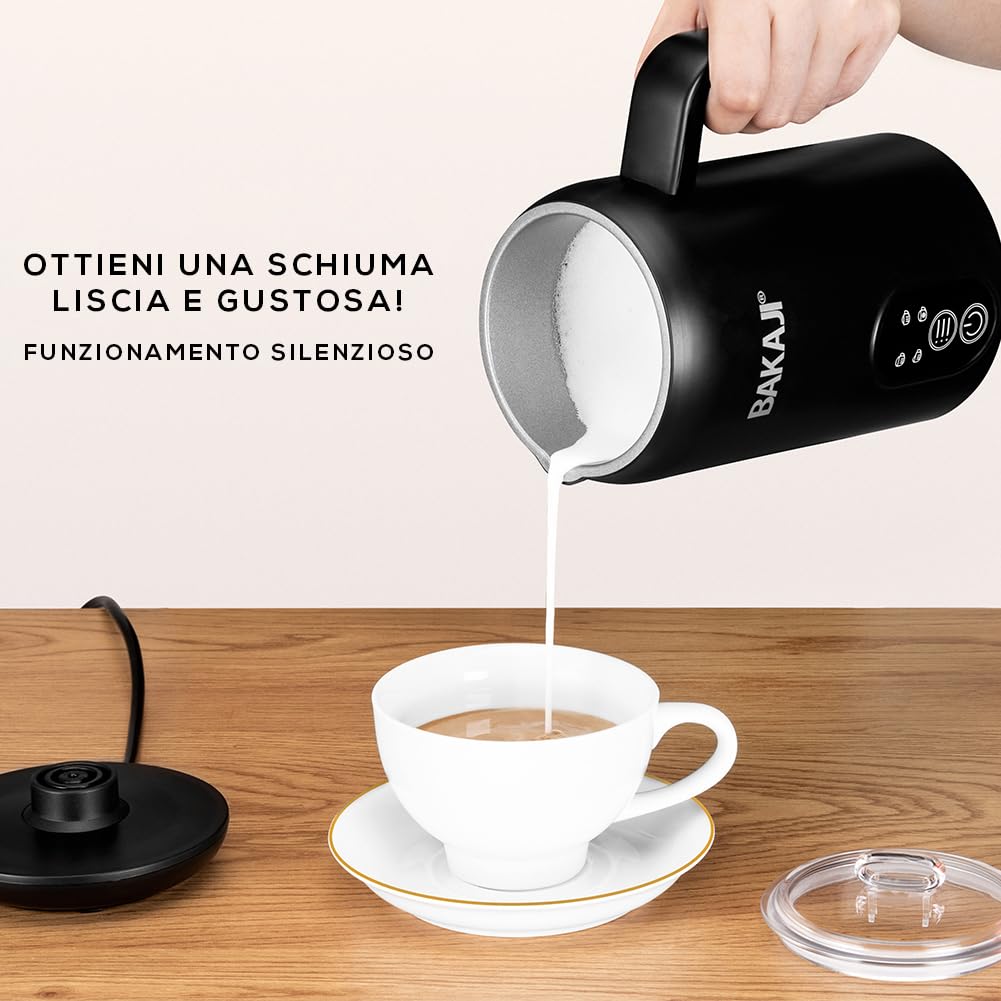 BAKAJI Montalatte Elettrico 4 in 1, Cappuccinatore Automatico 350 ml, Schiumatore per Schiuma Latte, Funzionamento Silenzioso, Ideale Cappuccino Caldo o Freddo, Caffè Macchiato, Acciaio Inossidabile