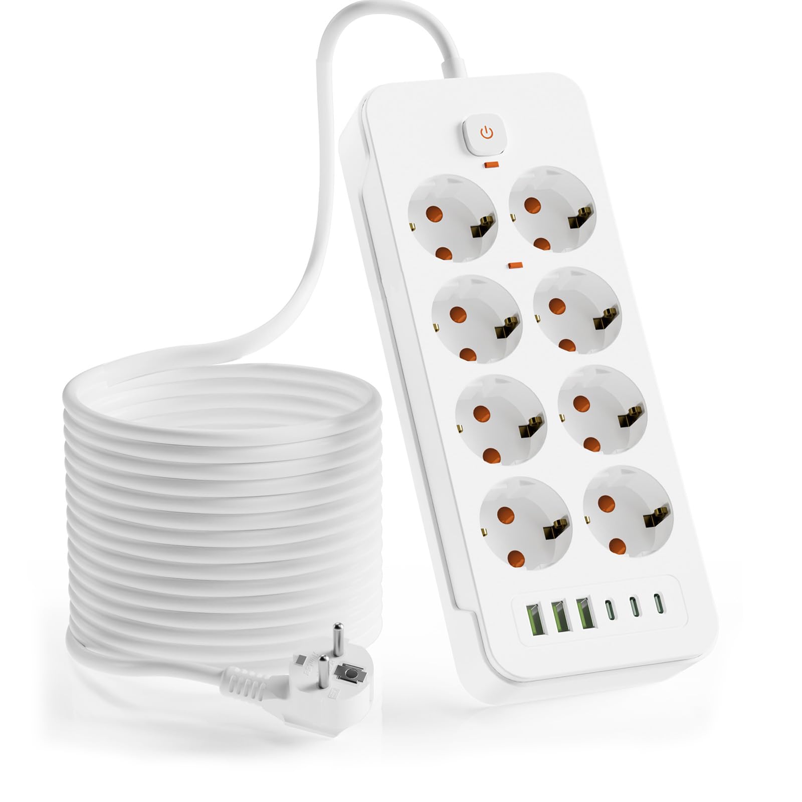 Regleta múltiple con USB C, regleta SNYZPN con interruptor de 8 tomas, cable de extensión de 5 m, cable de extensión con regleta de enchufe, protección contra sobretensiones, 3680 W, montaje en pared
