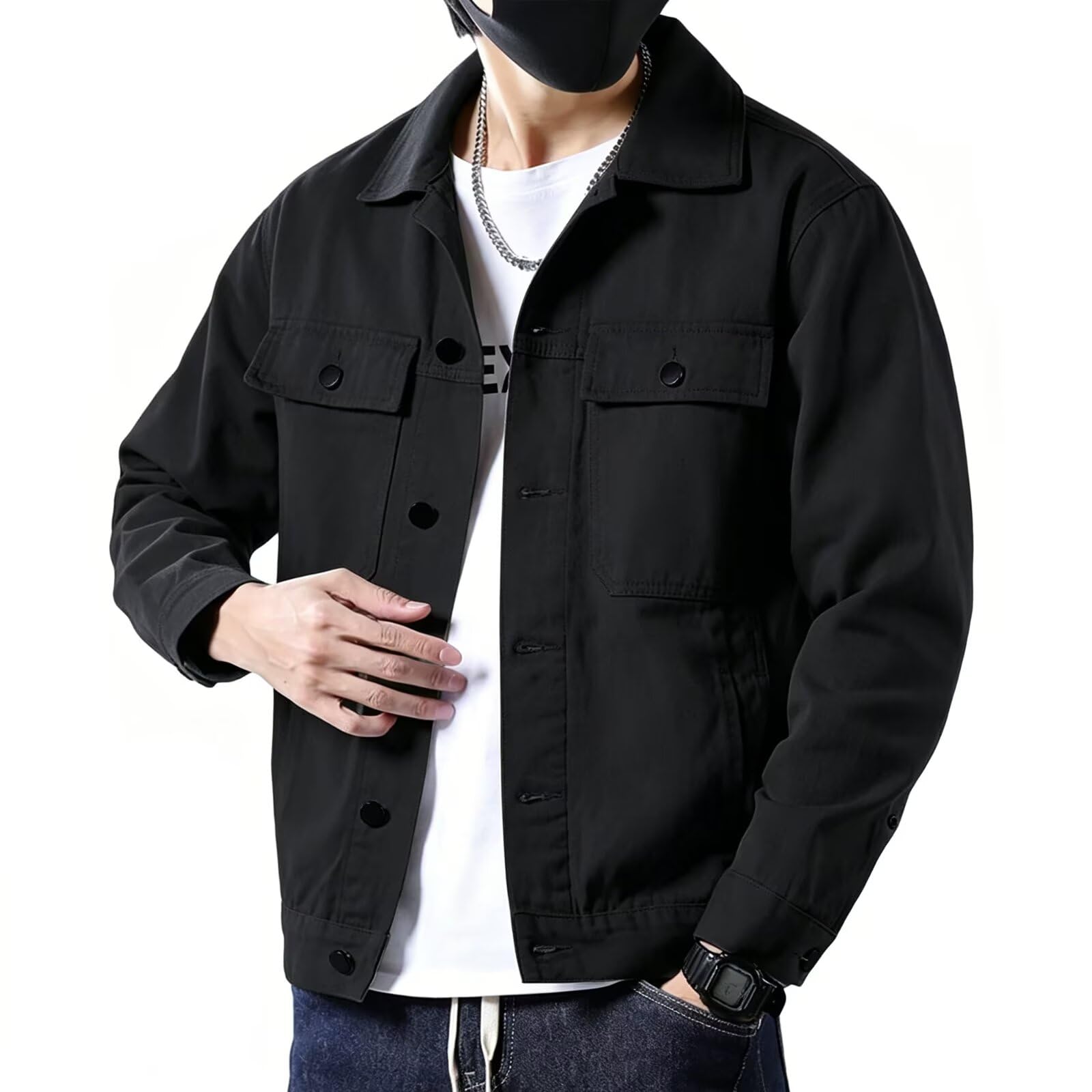 SANGTREE Men's Trucker Jacket Lightweight Cotton Casual Outerwear | Workwear Chore Jacket with Inner and Outer Pockets, Button Down Business Commute Daily Coat, Spring Fall Winter Clothes