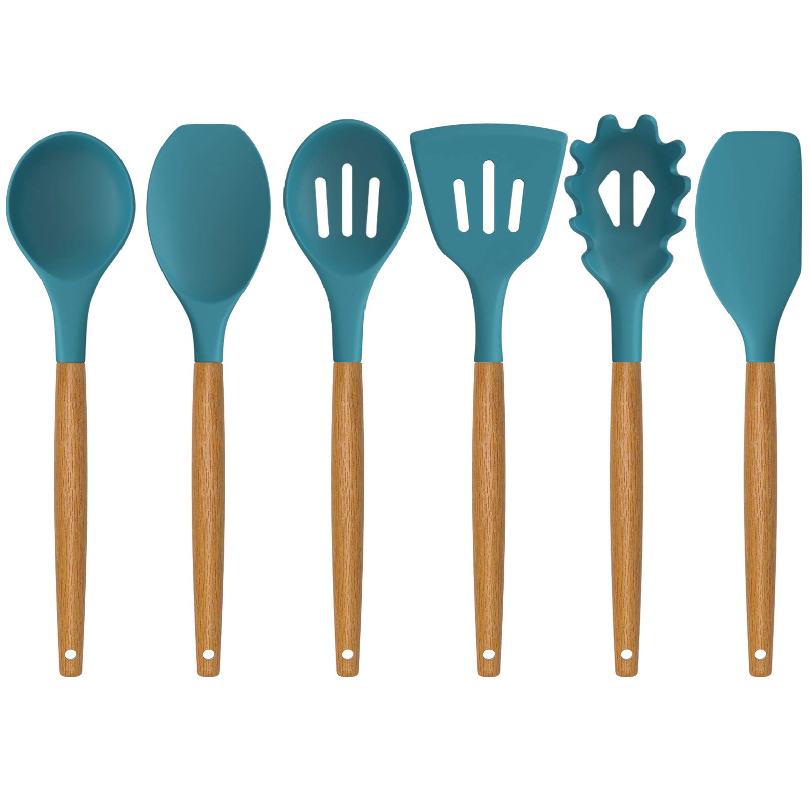 Silicone Kitchen Utensils Set, Deedro 7 Pieces Cooking Utensils Set Silicone Spatula Set with Natural Acacia Wooden Handle, High Heat Resistant Kitchen Gadgets Tools Set, Blue