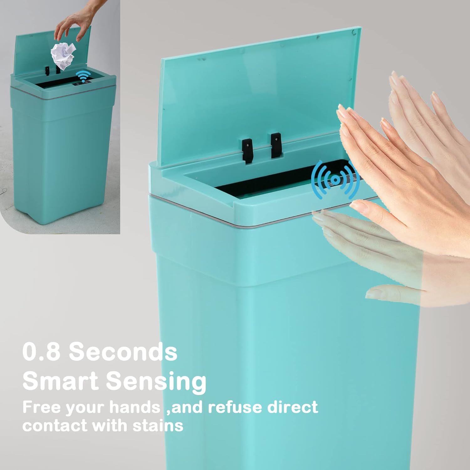 13 Gallon Trash Can, Automatic Kitchen Can with Motion-sensing Lid, Touchless High-capacity Garbage Rectangular Plastic Cans for Bathroom Bedroom Office, BLUE, 15.35 x 9.84 x 23.62 inches