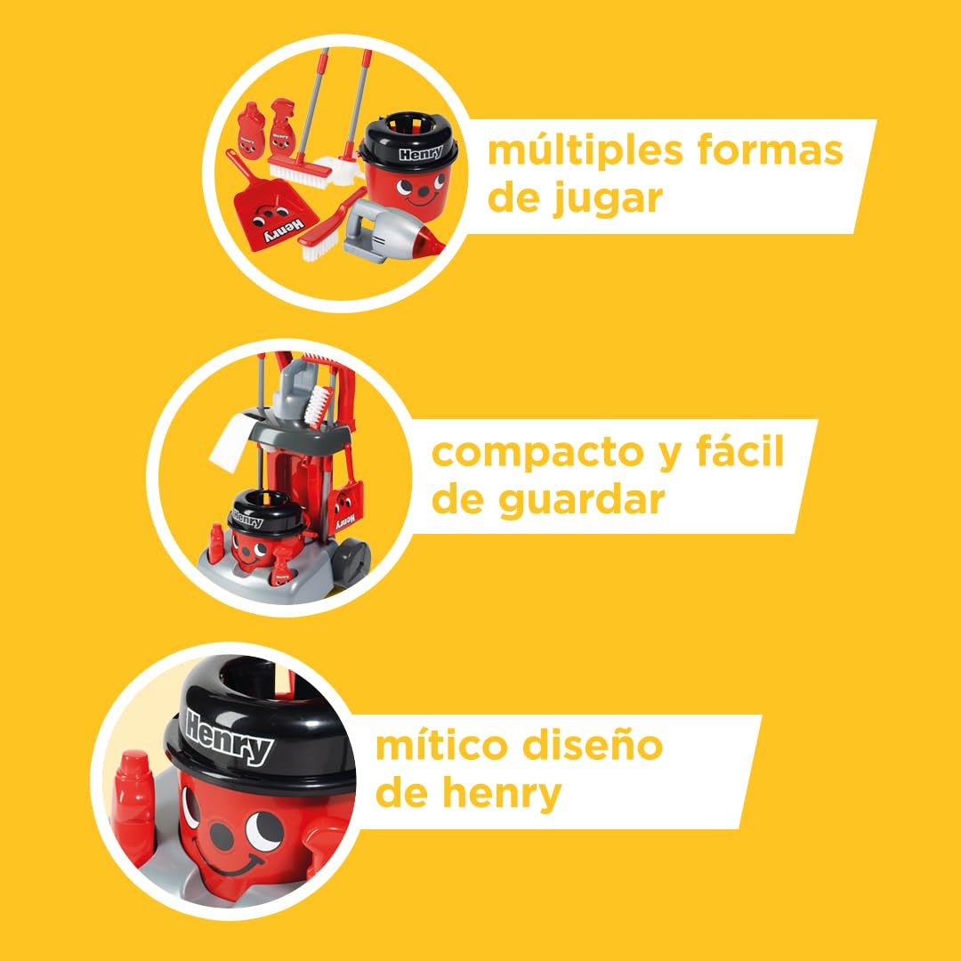 Casdon Juguetes Henry and Hetty. Carrito de Limpieza Henry Deluxe. Set Rojo Inspirado en Henry con Aspiradora Manual Funcional. Carrito de Limpieza para Niños con Accesorios. Edad: 3+ años