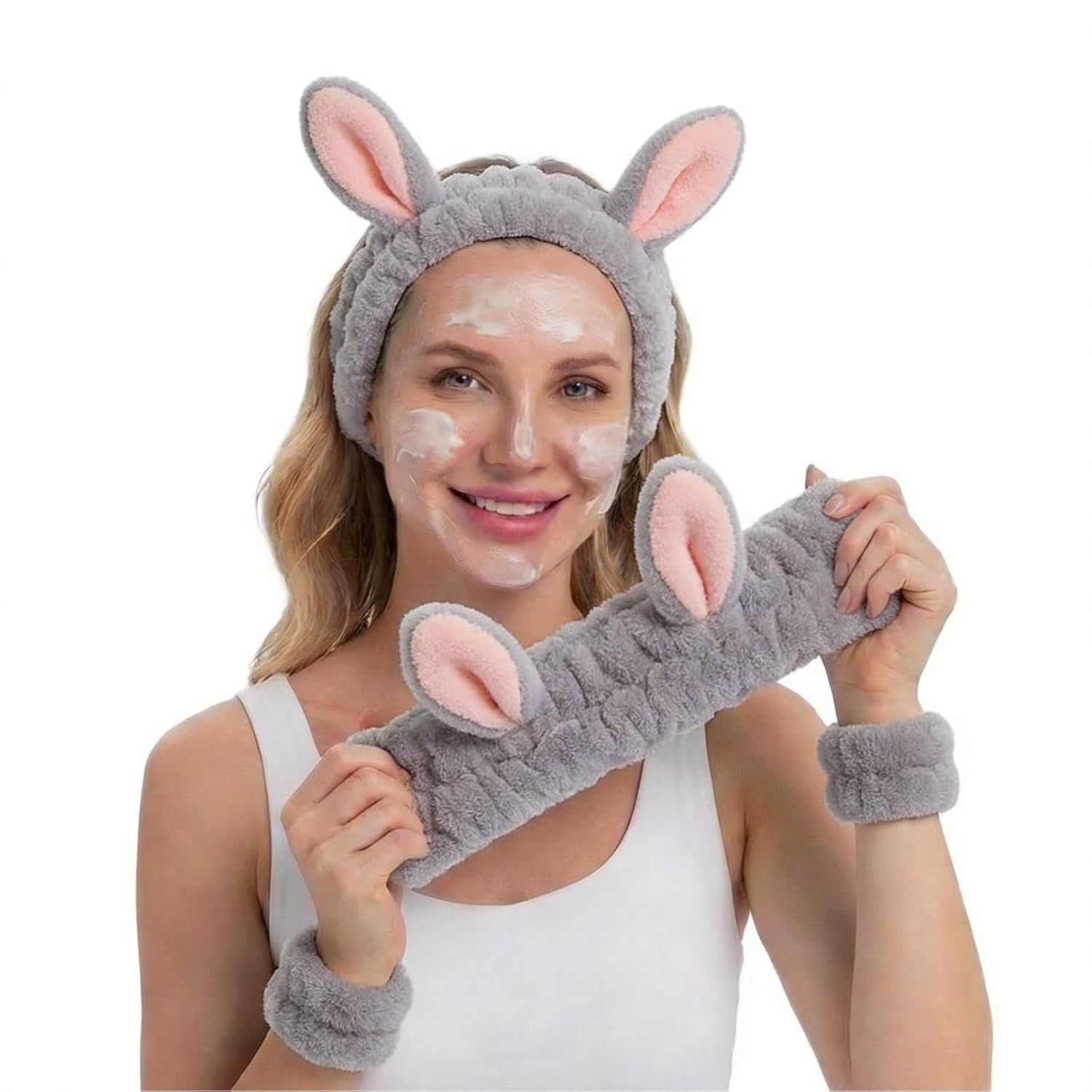 Cute Rabbit Ears Headband for Washing Face Wristband Set Soft Microfiber Face Wash Headband and Wrist Towels to