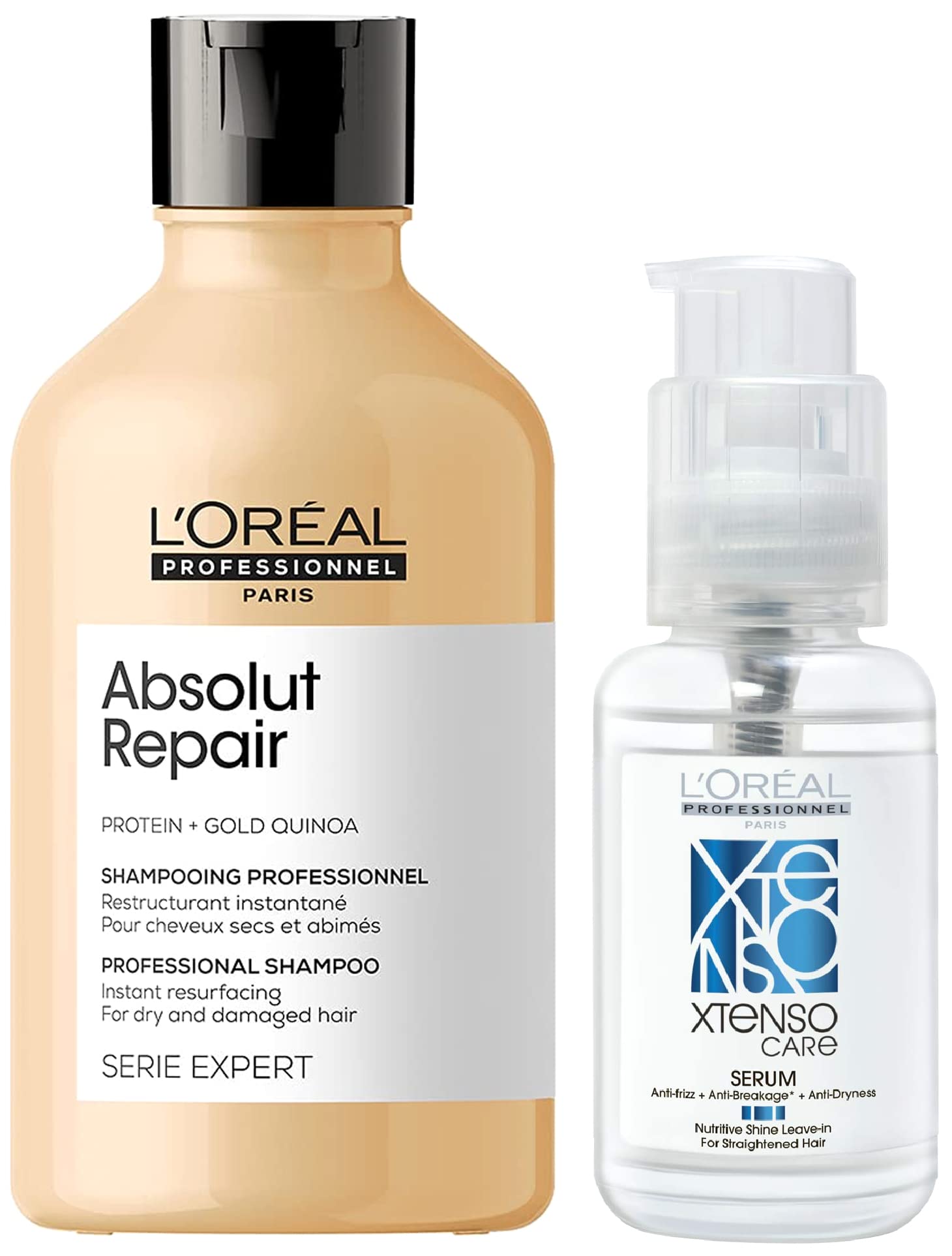 Paris Absolut Repair Shampoo With Protein And Gold Quinoa For Dry And Damaged Hair, Serie Expert, 300Ml & Xtenso Care Serum 50 Ml, For Straightened Hair