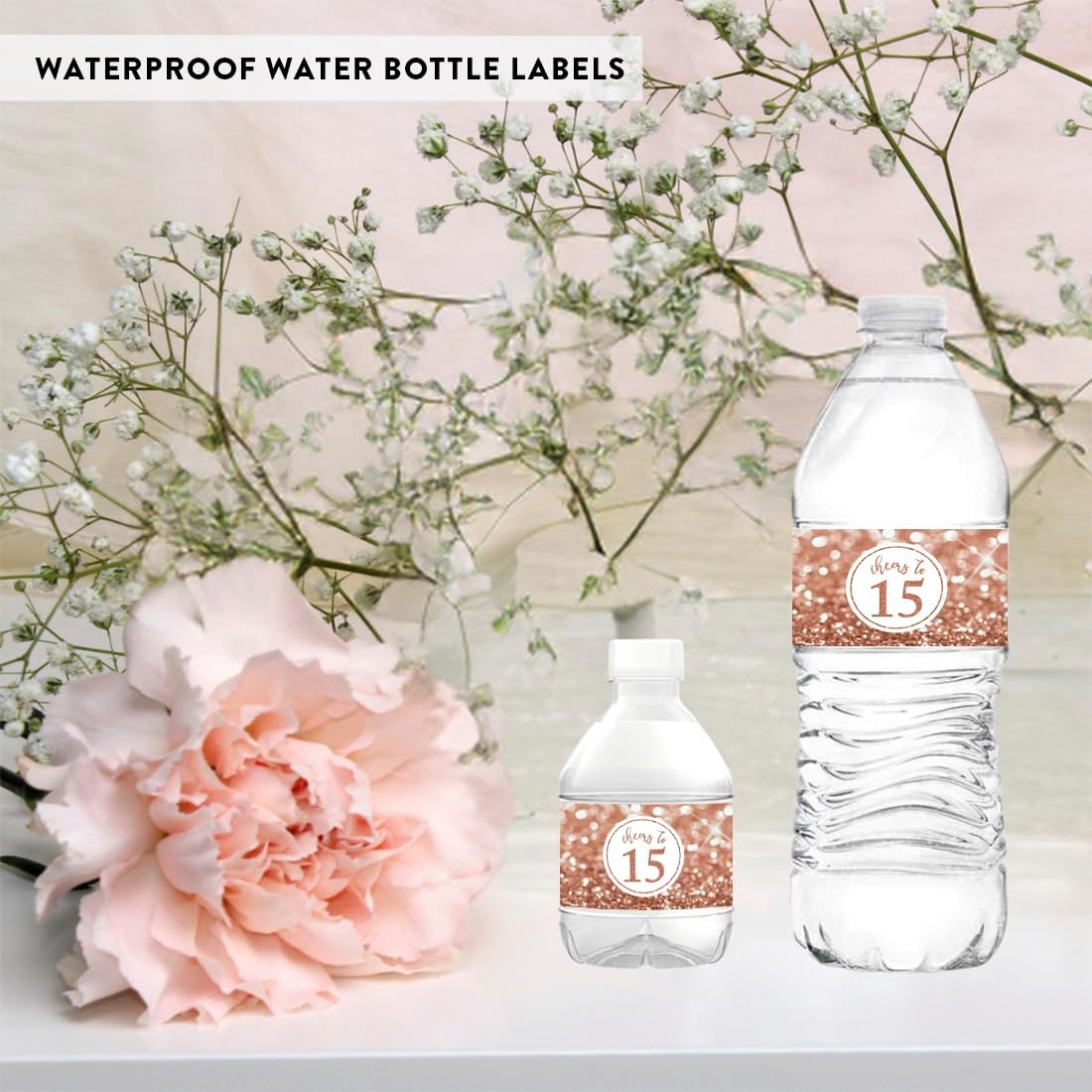 Andaz Press Glitzy Faux Glitter Rose Gold Water Bottle Labels Stickers, Cheers to 15, Mis Quince Quinceanera 15th Birthday Water Bottle Labels Anniversary 15th Birthday Decorations for Women, 20-Pack