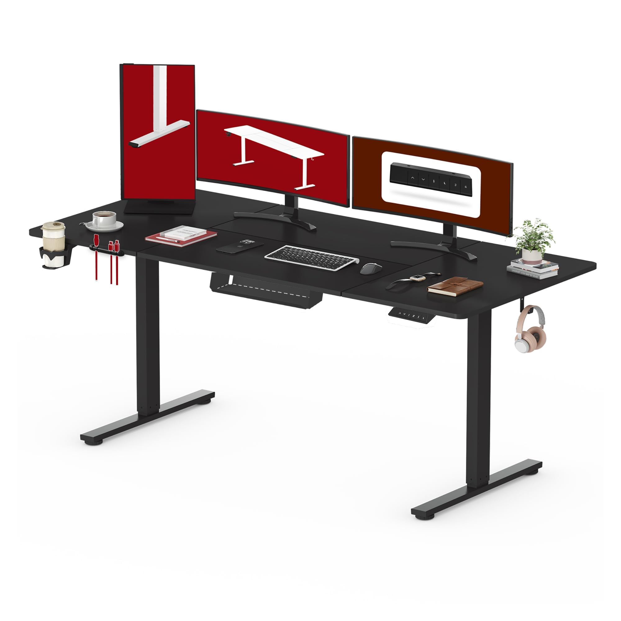 SANODESK 160 * 60 Electric Standing Desk Height Adjustable Desk with Cable management Tray Sit Stand Table with 4 Memory Smart Pannel, Hooks and Cupholder for Home Office — image 1