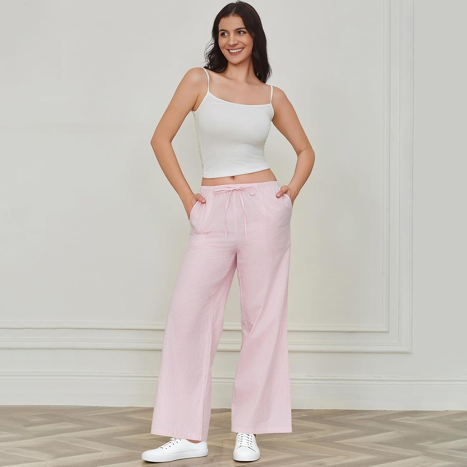 Women's Stripe Pajama Pants: 100% Cotton Thin Lightweight Loose Comfy Home & Lounge Pants with Pockets for Casual - Image 2