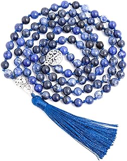 Hovaete 108 Mala Prayer Beads Necklace Natural Stones Meditation Yoga Jewery 108 Hand Knotted Japa Mala Beaded Long Tassel Necklace with Tree of Life Pendant for Men and Women, Stone, Amazonite