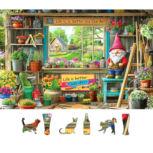 Garden Shed Scene 500 Piece Puzzle for Adults Gardening Tools Whimsical Garden Gnome Vibrant Flowers Decor Jigsaw Puzzle Fun Family Puzzles Gift for Adults Seniors（ 23"x15"） - image 1