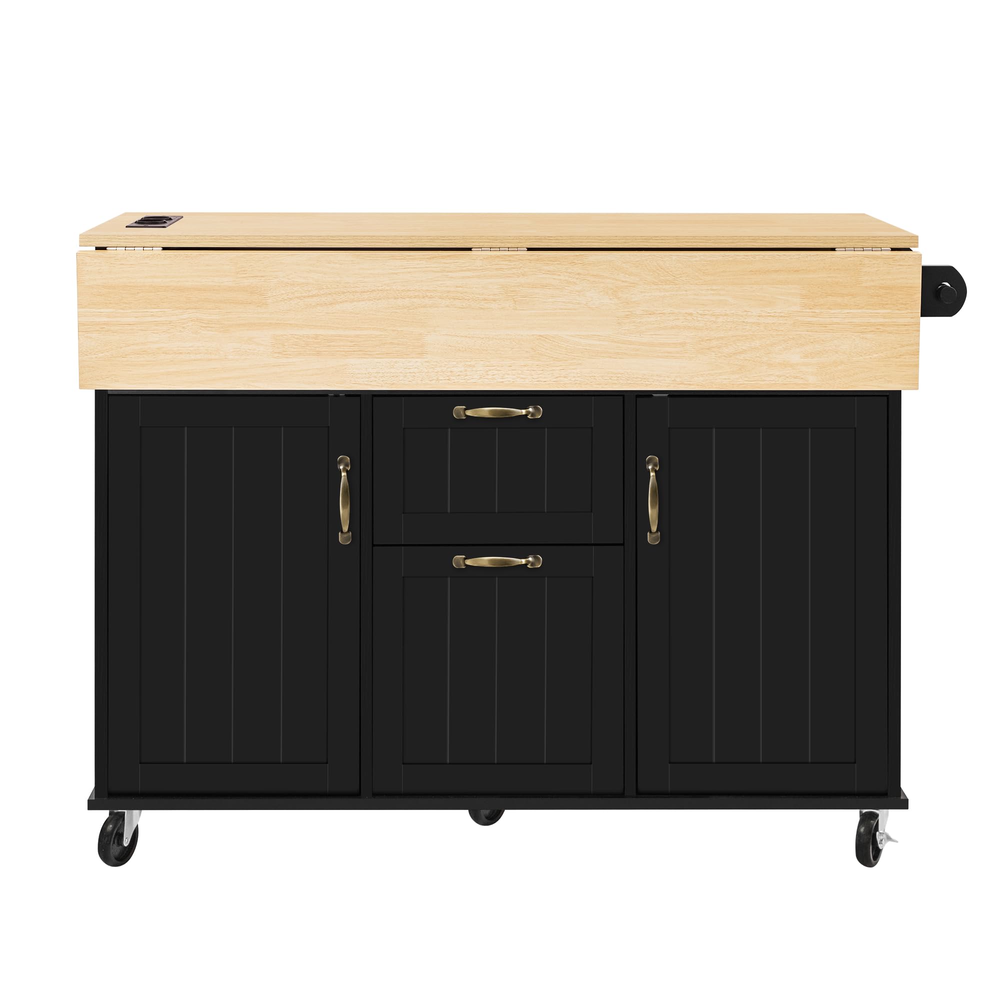 Îlot Central Cuisine, Meuble Cuisine avec Plan de Travail, Multiprises, Poubelle Cuisine, Tiroirs et Porte-Serviettes, Desserte Cuisine sur roulettes pour Cuisine et Salle à Manger, Noir
