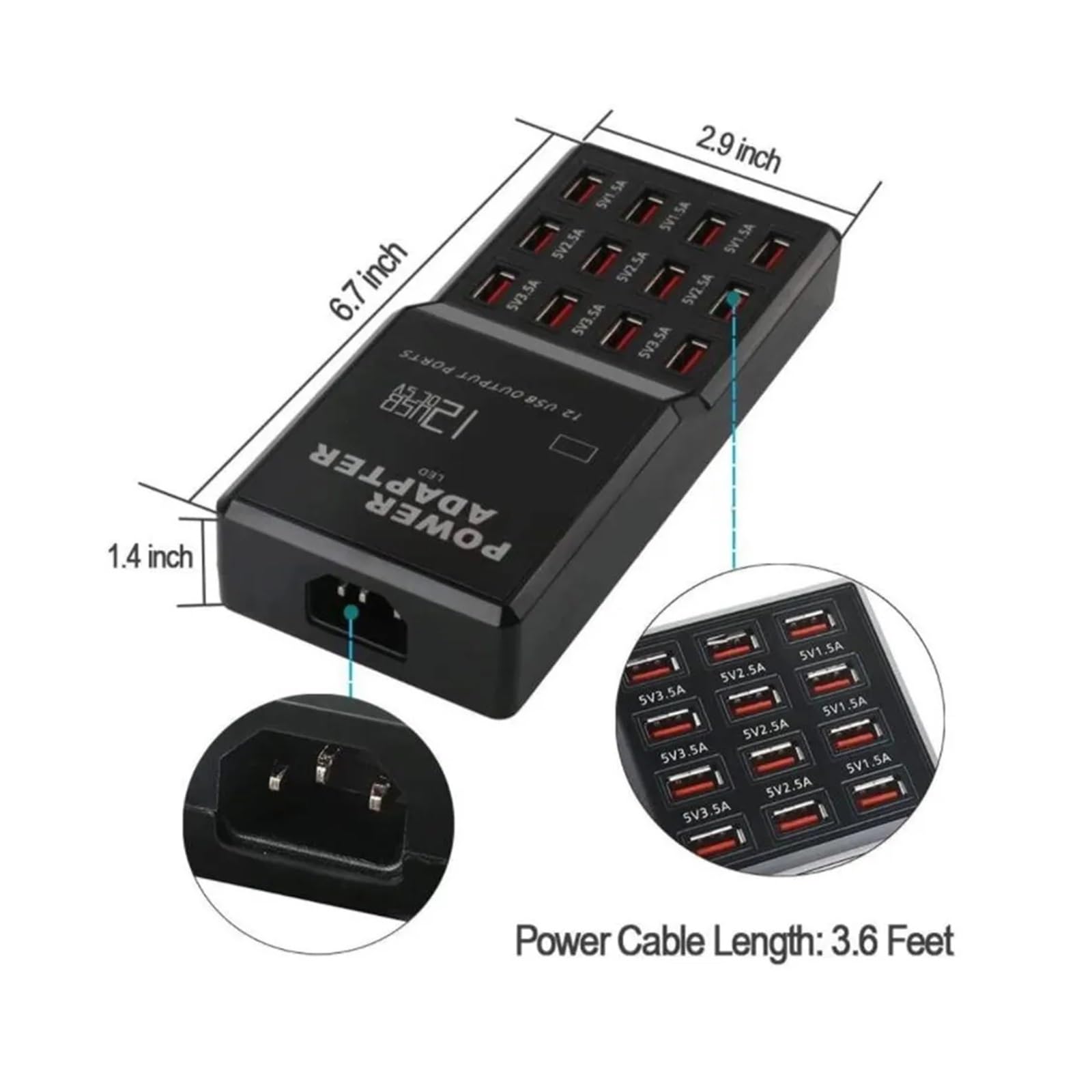 Rapide Chargeur, Station de Chargeur Hub Multi-Ports 60WUSB, 12 Ports, Chargeur Mural Intelligent, Station de Charge Rapide,Chargeur USB Voyage/Haute Vitesse