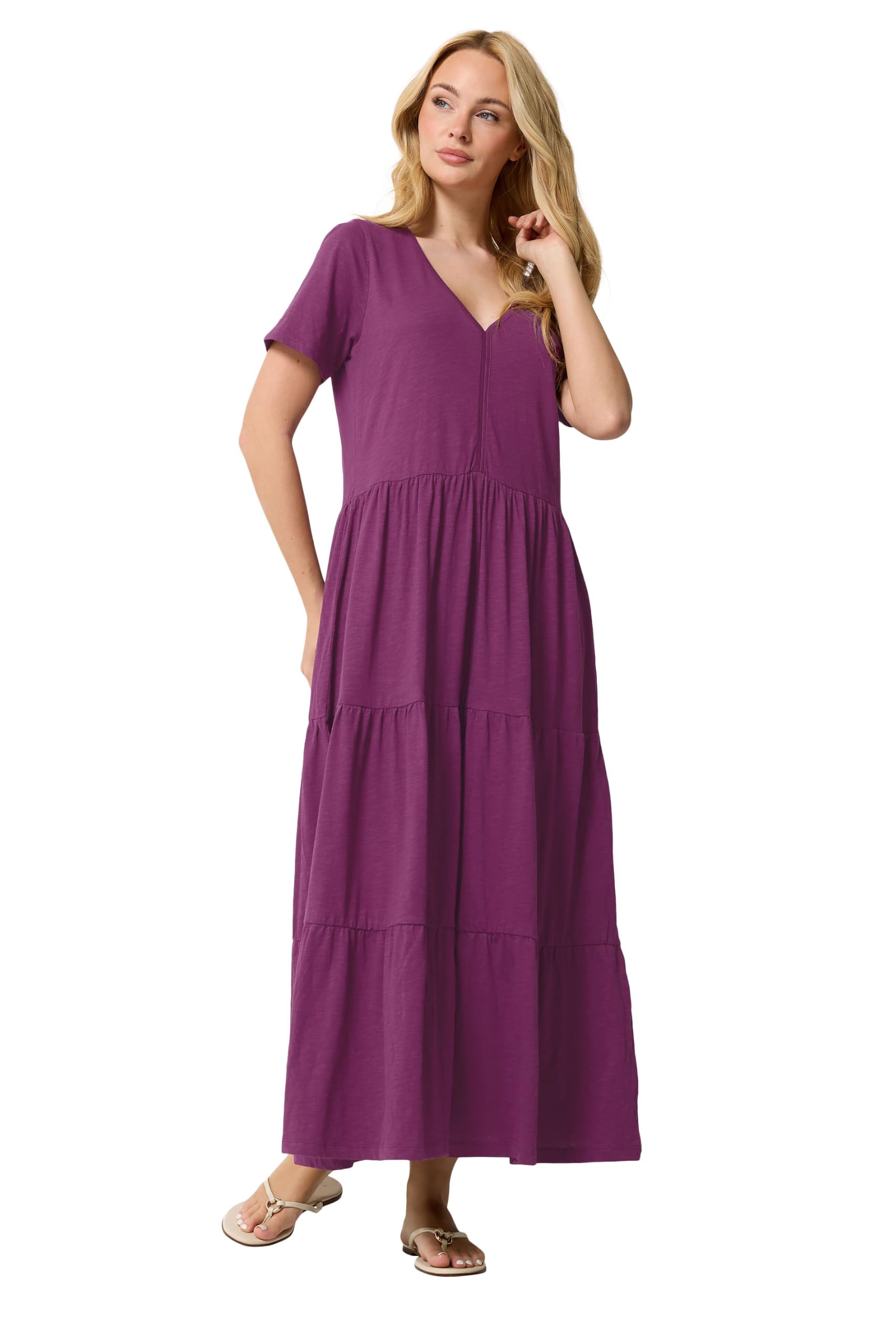 M&Co Berry Notch Neck Tiered Cotton Maxi Dress - Women's Purple