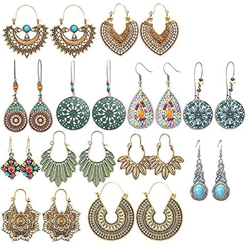 LABOTA 12Pairs Vintage Dangle Earrings for Women Girls Bohemian National Style Waterdrop Petal Leaf Beaded Statement Boho Retro Earrings Alloy Long Boho Retro Rhinestone Earring Set Cover