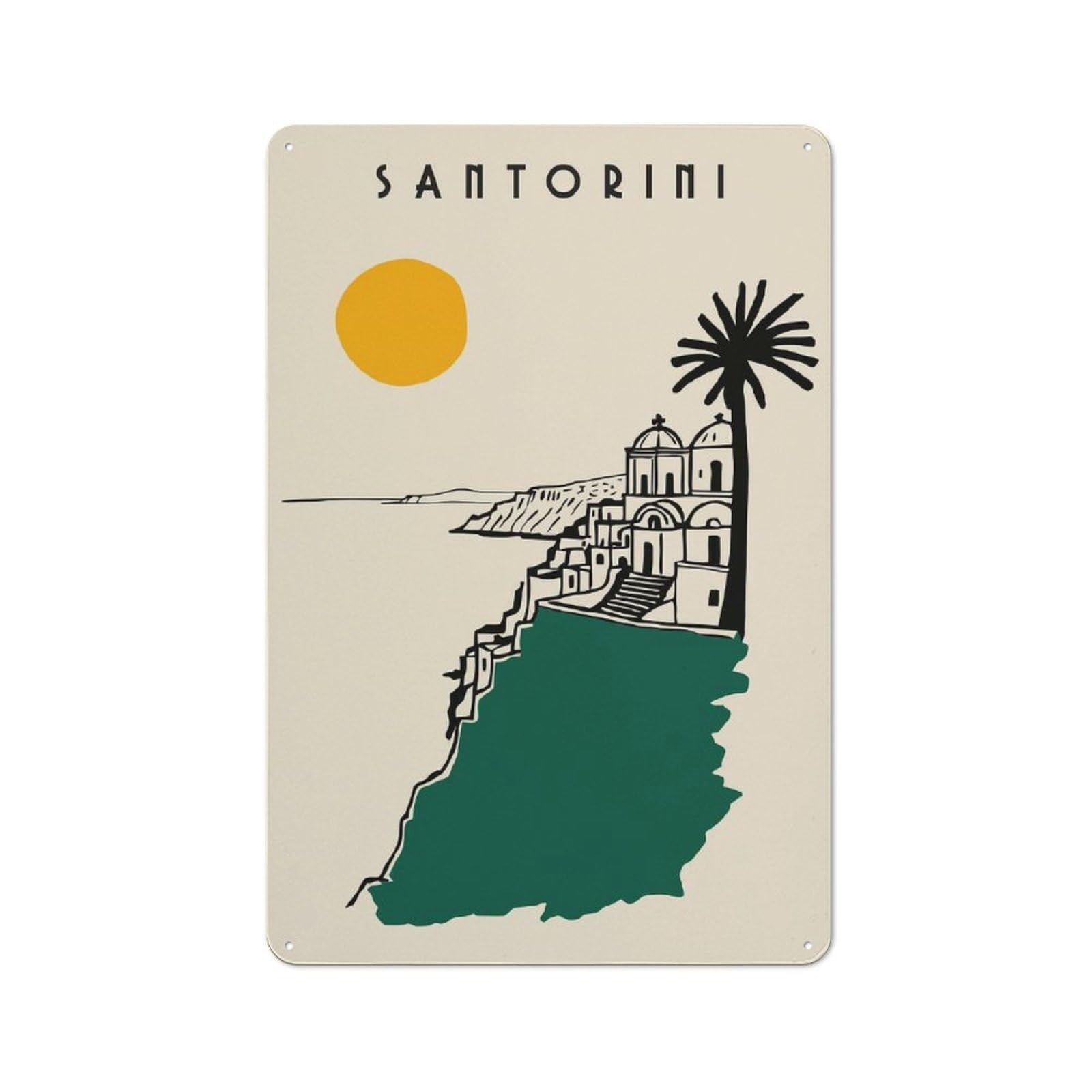 Junmoney Style-3 Santorini Travel Poster Illustration Modern Vintage Metal Wall Decor 30X20cm, Tin Sign For Hobby Room, Office, Lounge Or Living Room