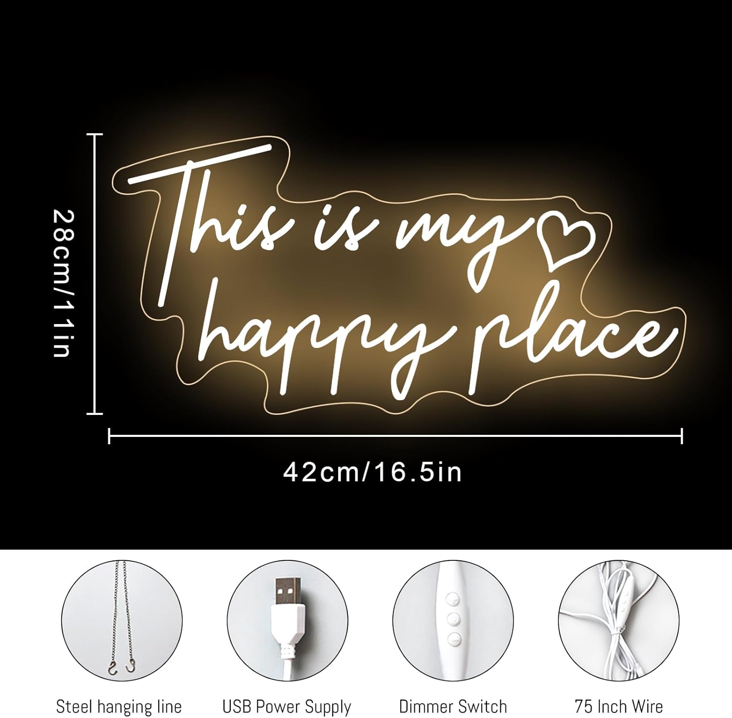 This is My Happy Place Neon Sign Dimmable Warm White LED Neon Light Aesthetic Room Decor for Teen Girls Neon Light Signs for Bedroom, Salon,College Dorm, Wedding Party Decor Neon Classroom Sign - Image 8