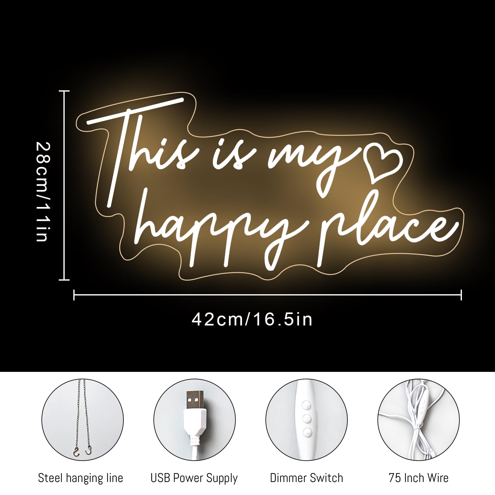 Segnale al neon con testo in inglese "This is My Happy Place", luce LED bianca calda, decorazione estetica per camera da letto per adolescenti, segnali luminosi al neon per camera da letto, soggiorno