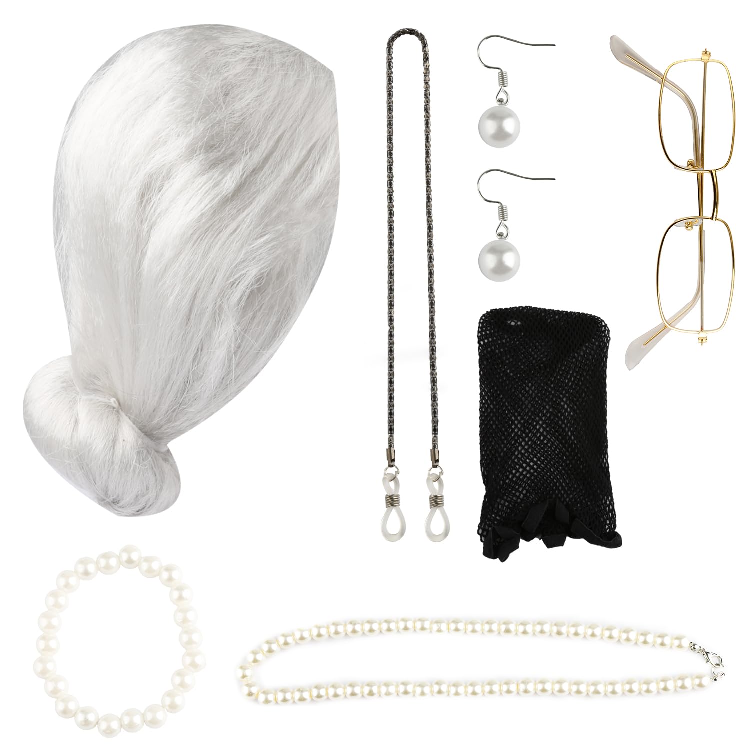 Bojueshaw 7pcs Old Lady Costume Cosplay Set,Grey Grandmother Wig,Artificial Pearl Necklace Fancy Dress Accessories for Halloween Masquerade Carnival