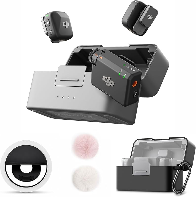 DJI Mic Mini Combo + Funda de silicona + Protector de viento colorido + Luz para selfies | Micrófono inalámbrico para iPhone/Cámara/Android, Ultraligero, Audio rico en detalles, Uso 48h, Cancelación de ruido, Streaming, Vlog