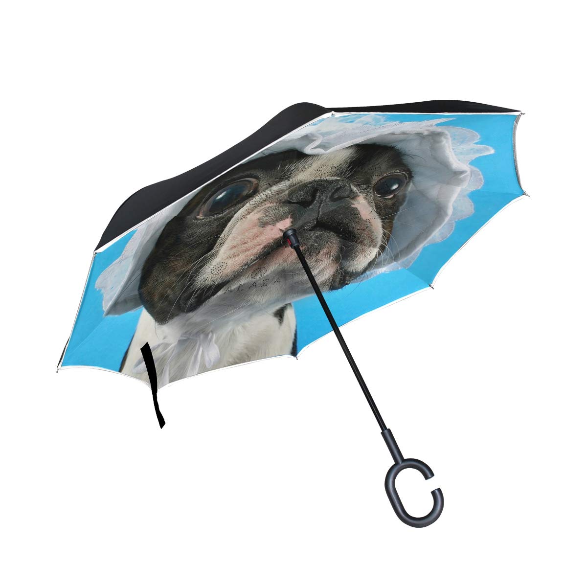 hengpai Dogs Boston Terrier White Hat Blue Reverse Inverted Inside Out Umbrella Cars Unigue Windproof UV Proof Double Layer for Women