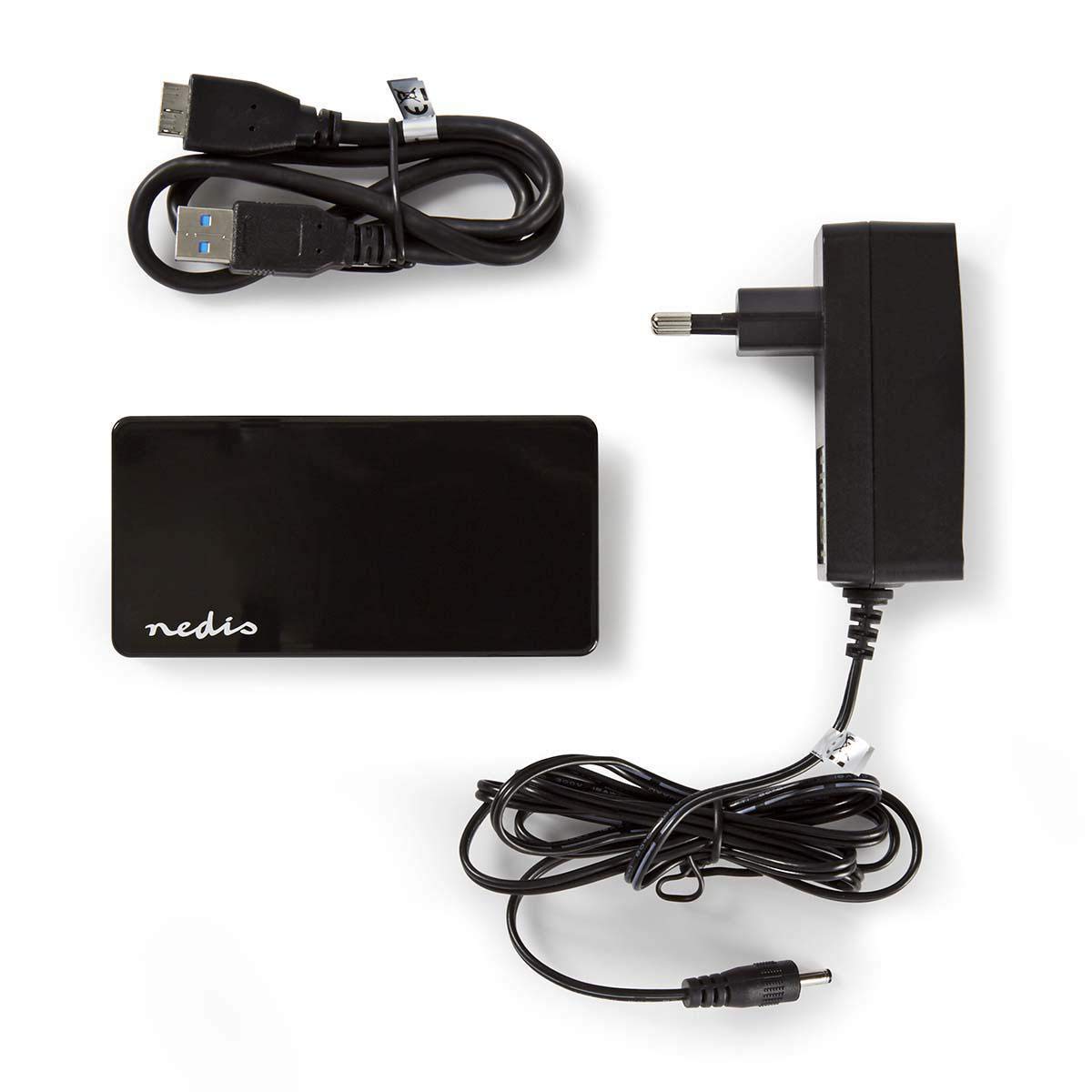 Nedis - Hub USB - 4-Port - Zasilanie USB 3.0 - Oddzielne zasilanie - 5 Gb/s - Zewnętrzny zasilacz - 2,5-calowy dysk twardy - typ C - czarny