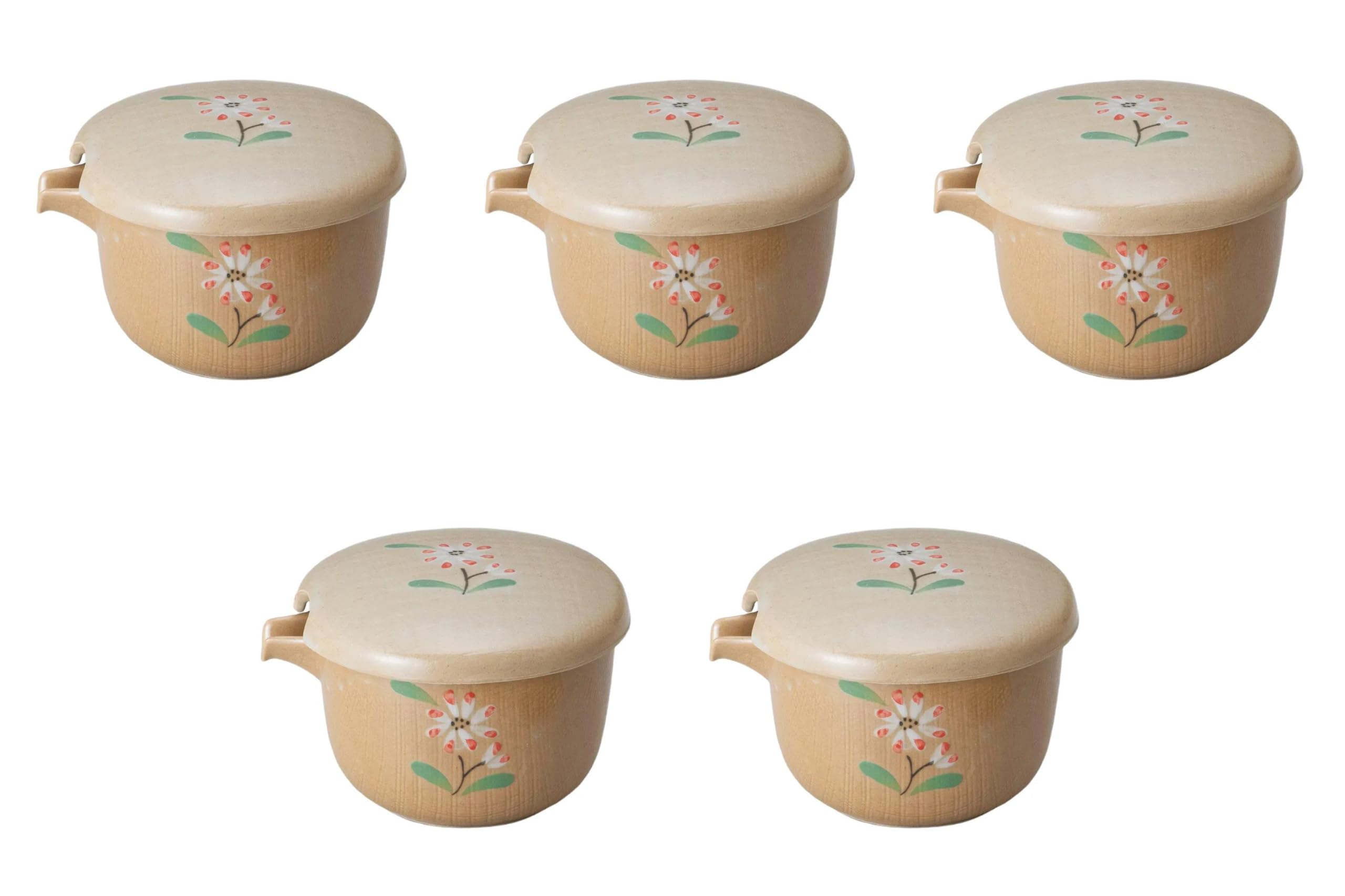 Set of 5, Hand Painted Red Small Flower Katakuchi Sake Cup (with Lid) [4.3 x 4.3 x 2.6 inches (11 x 11 x 6.5 cm) (200cc)] | Setomonohonpo