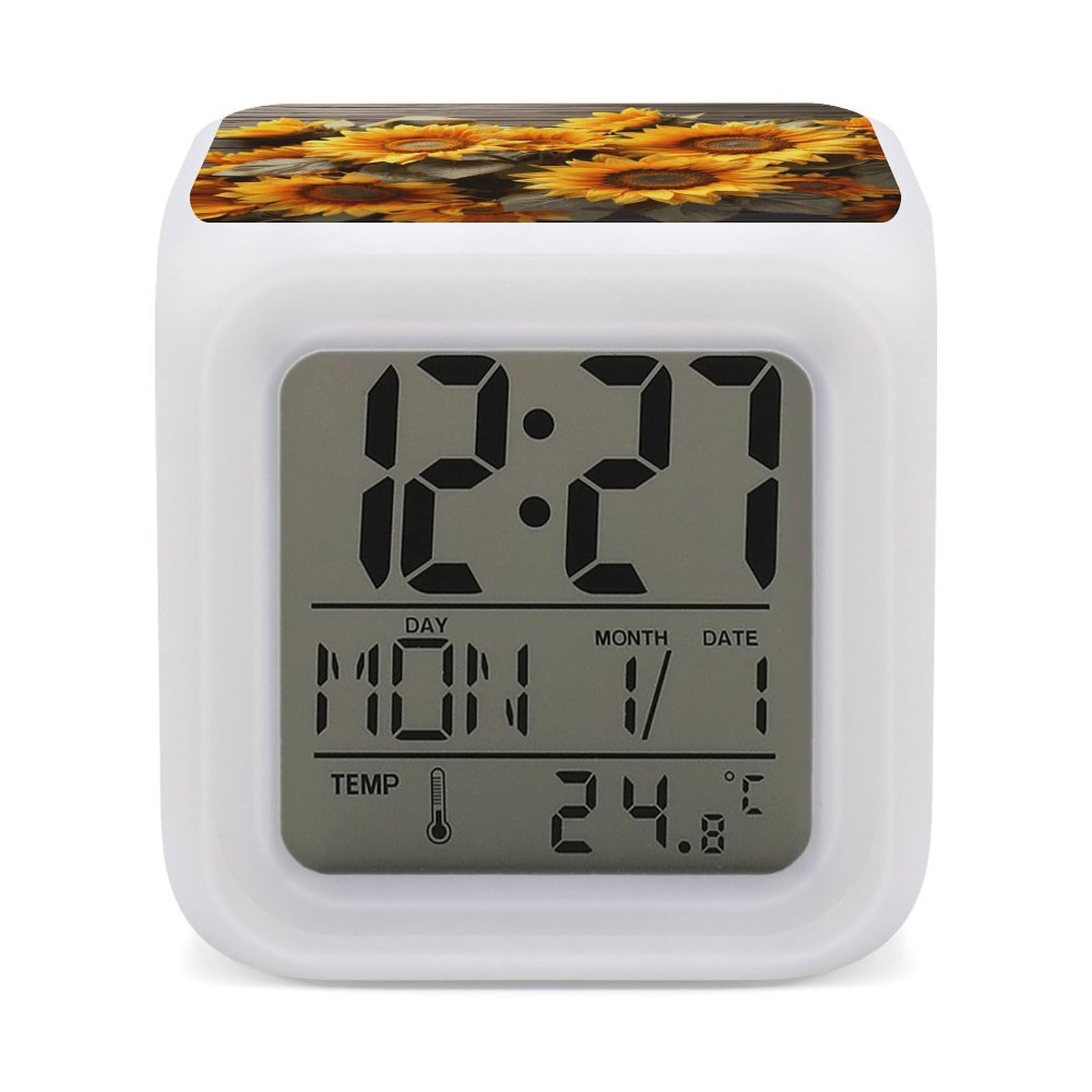 FekiLoot Plants Theme Sunflower Alarm Clock with 7 Color Changing Night Light,Battery Operated Digital Clocks with Temperature Display Tiny Electric Clock LED Sleep Timer for Room Decor