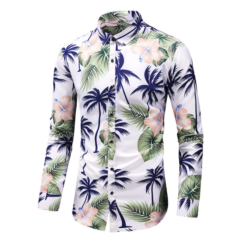 HGJH Hawaii Hemd, Herrenhemd Langarm Blau Kokosnussbaum Print Hawaiihemd Kubakragen Weiß Langarm Button Down Weiches Strandhemd Henley Shirt Für Herren Jungen