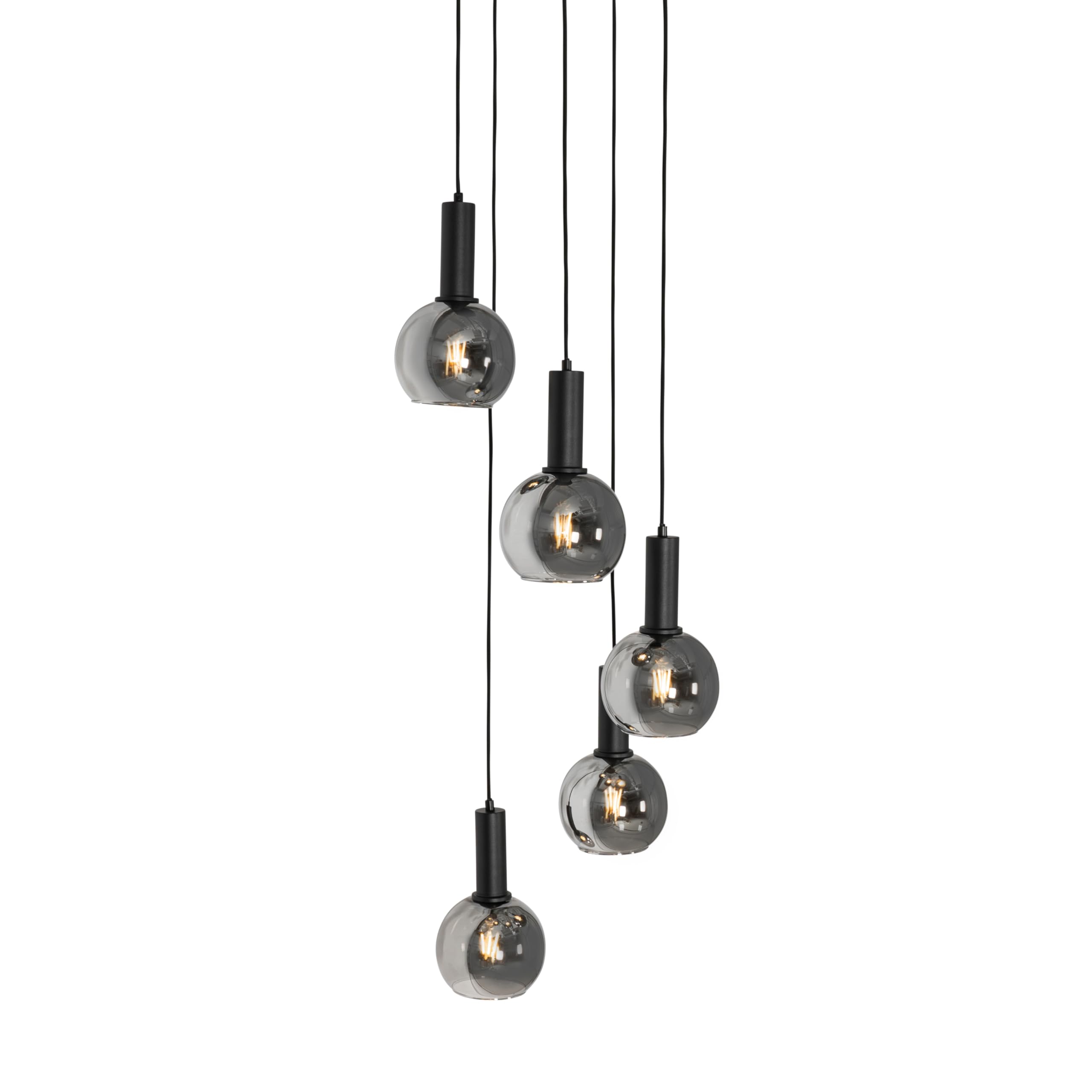 Qazqa Art Deco Pendelleuchte, Pendellampe - Josje - Schwarz mit Rauchglas, Rund, 5-flammig,