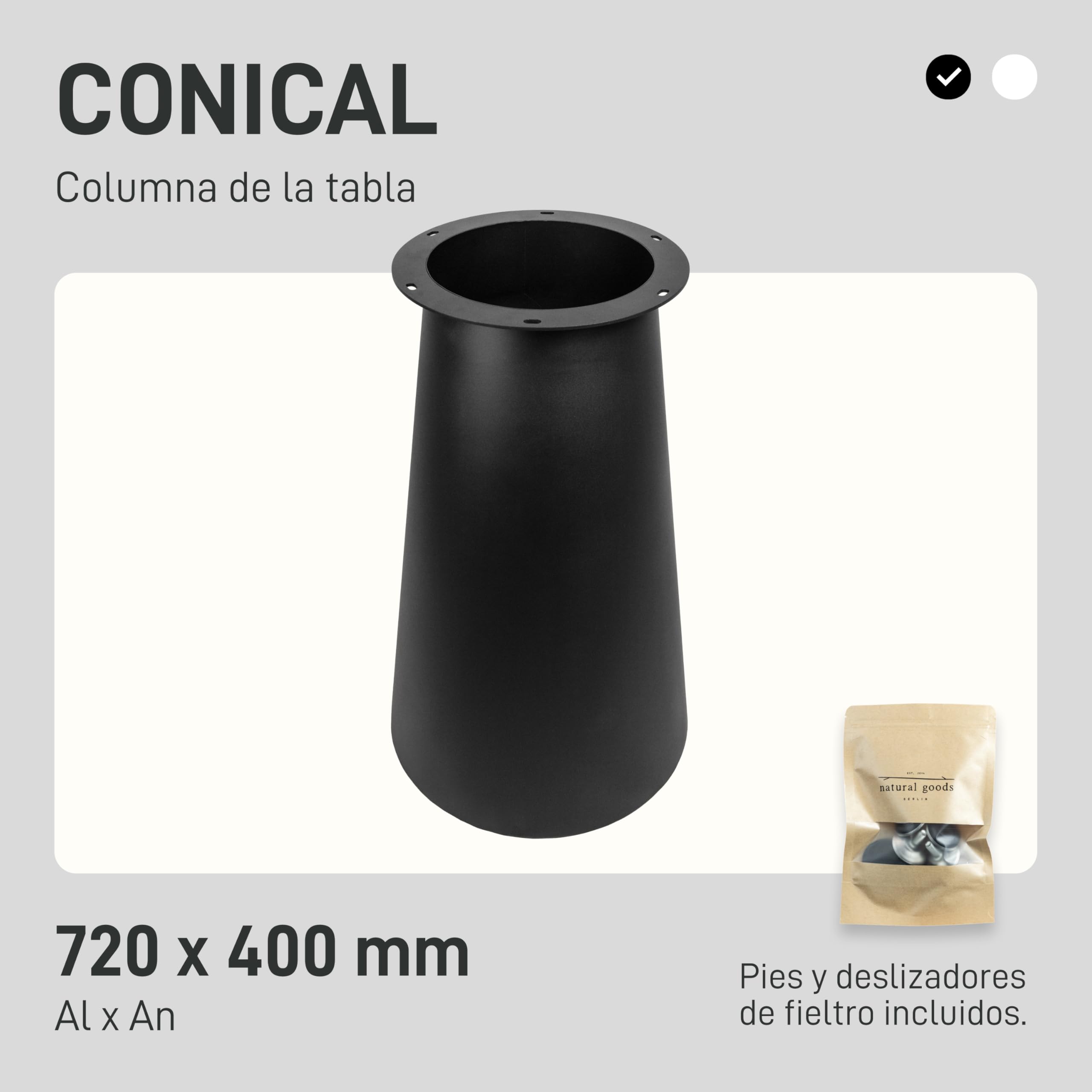 Natural Goods Berlin Columna de mesa CONICAL Patas de mesa de metal negro 72 cm de alto – Estilo Japandi aspecto listones – Estructura redonda – Base de mesa cónica – Base de mesa para mesa de comedor