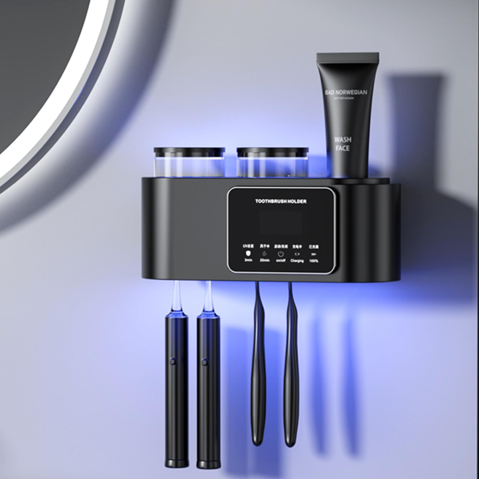 Toothbrush Holders for Bathrooms, Electric Toothbrush Holders with Smart Drying,Toothbrush Holder Wall Mounted with Solar Charging, Toothbrush Organizer with 2 Cups and 4 Brush Slots (Black)