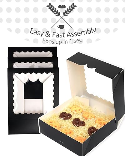 Miniatura 5 de qiqee Cajas de panadería negras autoemergentes, 50 paquetes, cajas de pastelería de 8 x 8 x 2.5 pulgadas con ventana