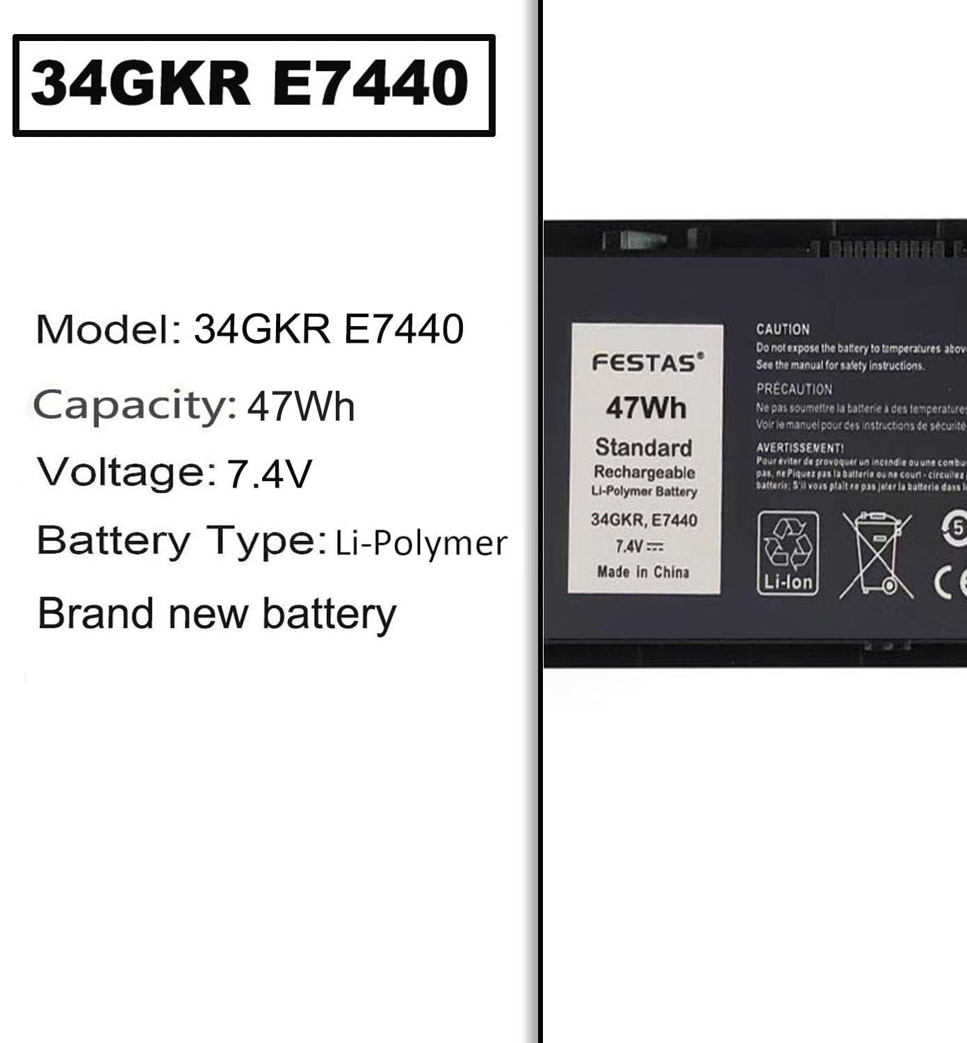 FESTAS 34GKR PFXCR 3RNFD Batterie Compatible avec Dell Latitude E7440 E7450 Series 5K1GW G95J5 F38HT G0G2M T19VW 909H5 V8XN3 0909H5 0G95J5 451-BBFT 451-BBFV 451-BBFY 451-BBFS