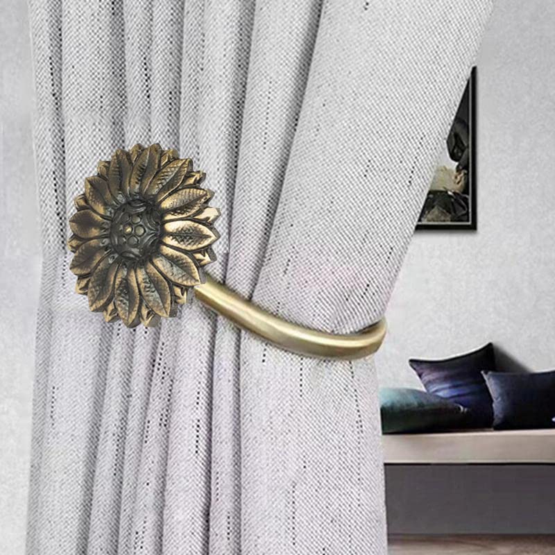 Chitra 2 Pcs Curtain Holdback for Curtains Wall Mounted Metal Drapery Hook for Door Window Treatment - Sun Flower Tie Back (Antique Brass)-image-19