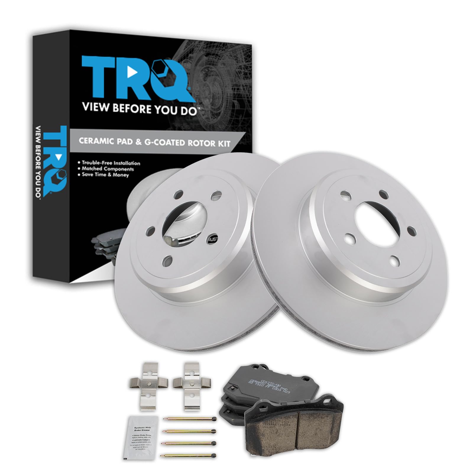 TRQ Rear Brake Pad and Rotor Set Ceramic Coated Vented Rotors Compatible with 2011-2018 Dodge Challenger 2014-2018 Charger