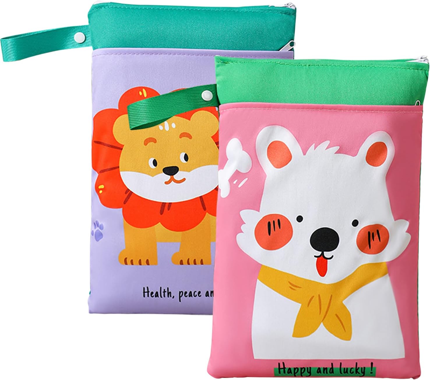 Pack of 2 Wet Bag Nappy Bag, Cartoon Animals Wetbag Nursery, Wet Bag with Zip, Reusable Wet Bag with Two Compartments for Baby Travel On the Go Beach and Pool