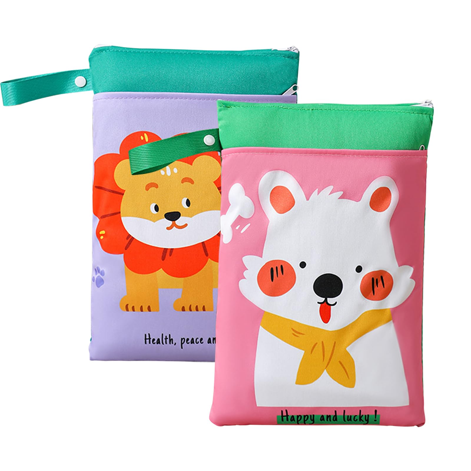 Borsa Porta Pannolini Impermeabile 2 Pezzi, Sacca Salviette Wet Bag con Zip, Animali Cartoni Animati, 2 Scomparti Viaggio Passeggino Spiaggia Piscina