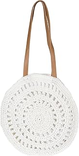Borsa a tracolla da donna, rotonda, in paglia di carta intrecciata, con cerniera, stile boho, 02012383