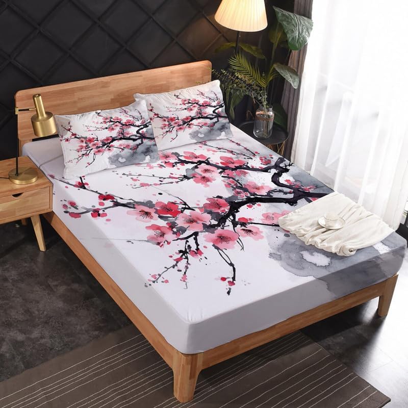 Full Size Sheet Sets - Japanese Cherry Blossom Bed Sheets, Bedding Sheets & Pillowcases, Soft Microfiber & Deep Pocket & Wrinkle Free Sheet Set, 1 Fitted Sheet, 1 Flat Sheet, 2 Pillow Cases